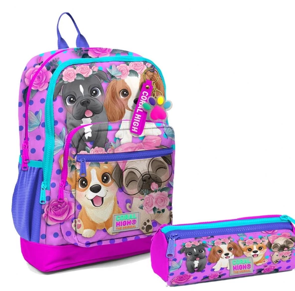 Coral High İlkokul Sırt Çantası ve Kalemlik Seti - Pembe Köpek - Kız Çocuk ürün görseli 1