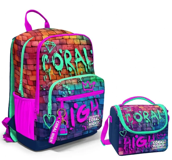 Coral High Dört Bölmeli Ortaokul Çantası ve Beslenme Çantası Seti - Pembe Lacivert Grafiti - Erkek Çocuk ürün görseli 1