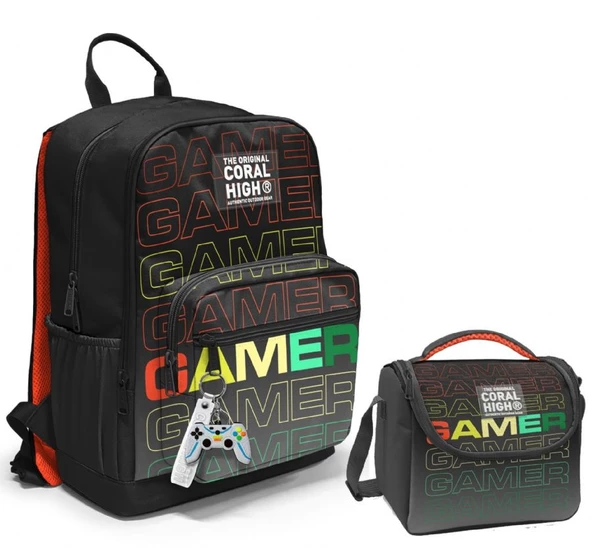 Coral High Dört Bölmeli Ortaokul Çantası ve Beslenme Çantası Seti - Siyah Gri Gamer - Erkek Çocuk ürün görseli 1
