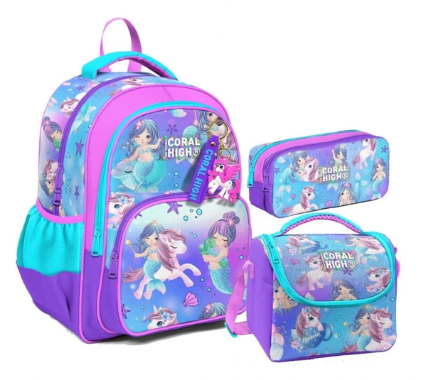 Coral High Kız Çocuk Üç Gözlü İlkokul Çanta Seti - Mor Pembe Unicorn Desenli ürün görseli 1