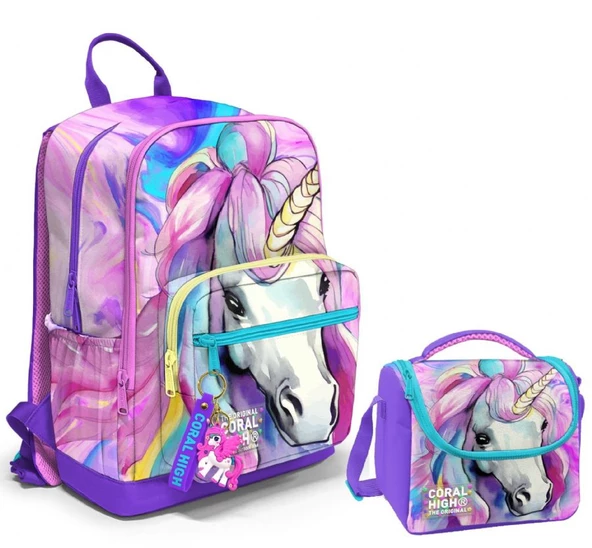 Coral High Dört Bölmeli Ortaokul Çantası ve Beslenme Çantası Seti - Unicorn - Kız Çocuk ürün görseli 1