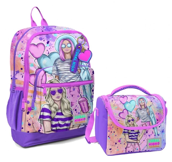 Coral High Dört Bölmeli Kız Çocuk Okul Sırt Çantası ve Beslenme Seti - Pembe Mor Fashion Girl ürün görseli 1