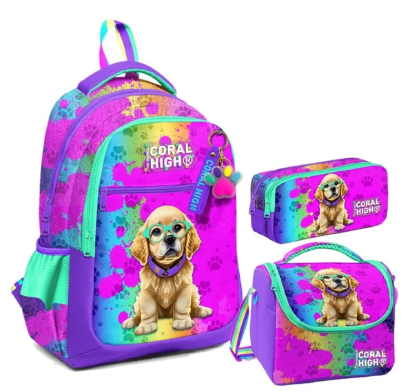 Coral High Kız Çocuk Üç Gözlü İlkokul Çanta Seti - Mor Pembe Köpek Desenli ürün görseli 1