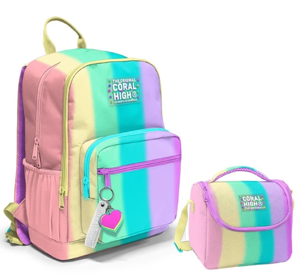 Coral High Dört Bölmeli Ortaokul Çantası ve Beslenme Çantası Seti - Renkli Çizgili - Kız Çocuk ürün görseli 1