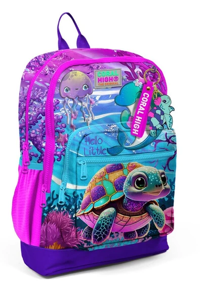 Coral High Dört Bölmeli Pembe Mor Kaplumbağa Desenli İlkokul Sırt Çantası - Kız Çocuk ürün görseli 1