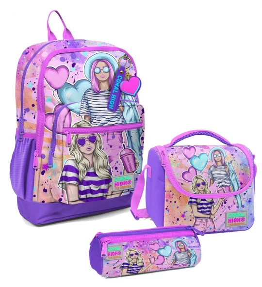 Coral High Kız Çocuk Üçlü İlkokul Okul Çanta Seti - Pembe Mor Fashion Girl ürün görseli 1