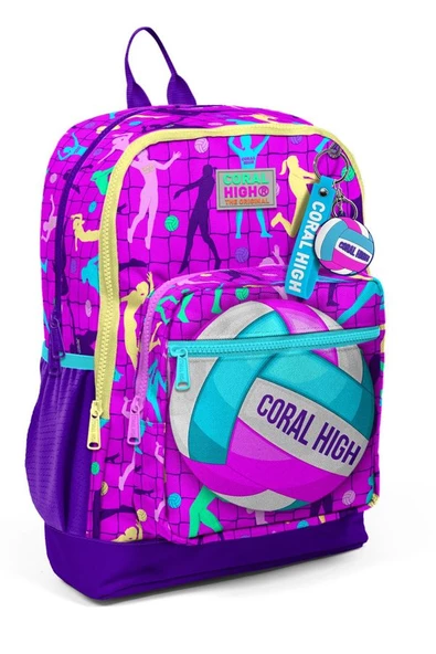 Coral High Dört Bölmeli Pembe Mor Voleybol Desenli İlkokul Sırt Çantası - Kız Çocuk ürün görseli 1