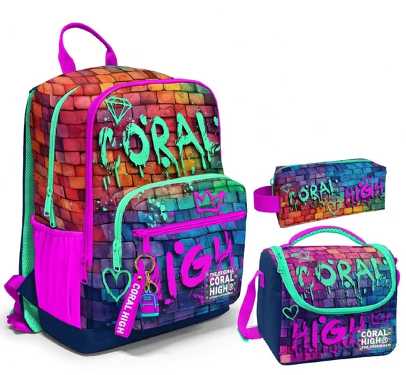 Coral High Üçlü İlk ve Ortaokul Okul Çanta Seti - Pembe Lacivert Grafiti - Erkek Çocuk ürün görseli 1
