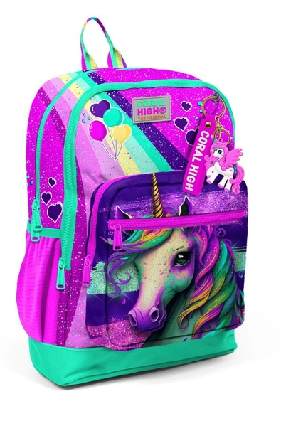 Coral High Dört Bölmeli Pembe Su Yeşili Unicorn Desenli İlkokul Sırt Çantası - Kız Çocuk ürün görseli 1