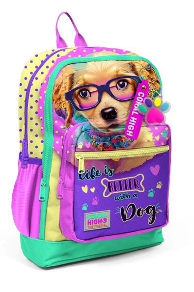 Coral High Dört Bölmeli Sarı Pembe Sevimli Köpek Desenli İlkokul Sırt  - Kız ve Erkek Çocuk ürün görseli 1