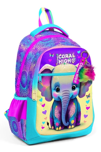 Coral High Pembe Turkuaz Fil Desenli Kız Çocuk İlkokul Çantası ve Günlük Sırt Çantası ürün görseli 1