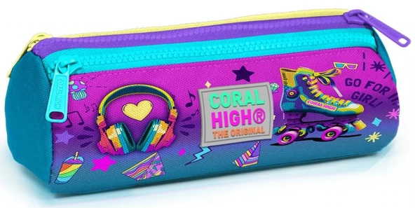Coral High Pembe Turkuaz Kulaklık Paten Üç Bölmeli Kalem Çantası - Kız Çocuk ürün görseli 1