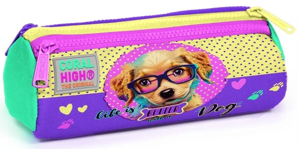Coral High Sarı Pembe Sevimli Köpek Üç Bölmeli Kalem Çantası - Kız Çocuk ürün görseli 1