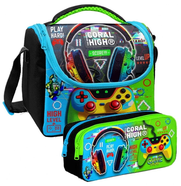 Coral High Kulaklık Game Desenli Erkek Çocuk Isı Yalıtımlı Beslenme Çantası ve Kalemlik Seti ürün görseli 1
