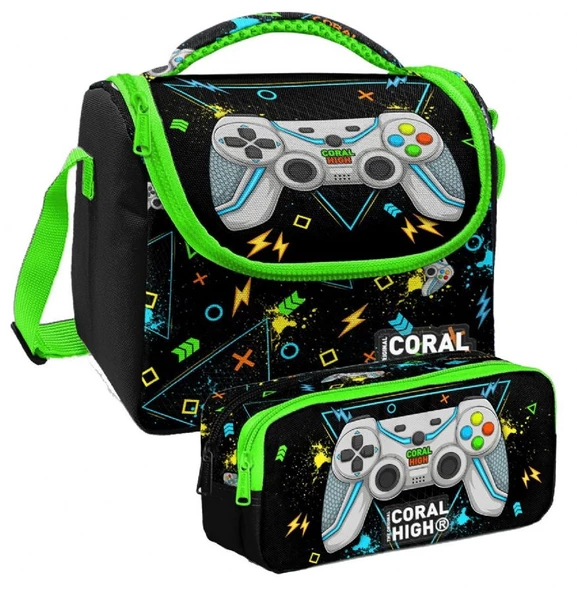 Coral High Siyah Fosforlu Yeşil Gamer Desenli Erkek Çocuk Isı Yalıtımlı Beslenme Çantası ve Kalemlik Seti ürün görseli 1