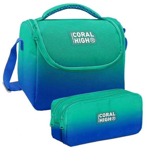 Coral High Yeşil Saks Renk Geçişli Desenli Erkek Çocuk Isı Yalıtımlı Beslenme Çantası ve Kalemlik Seti ürün görseli 1