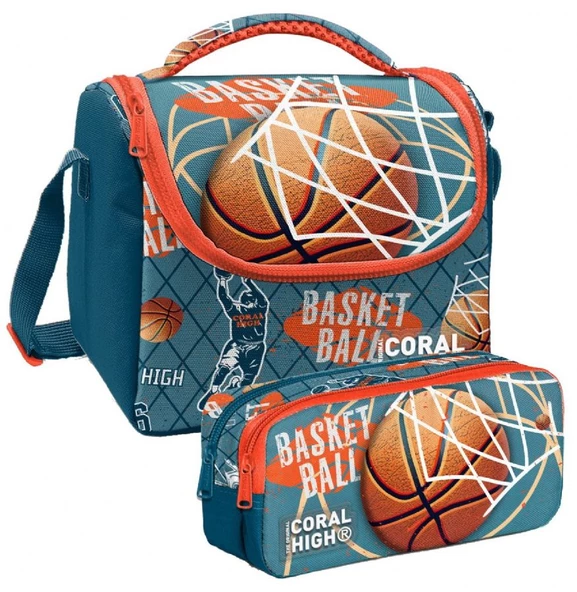 Coral High Nefti Turuncu Basketbol Desenli Erkek Çocuk Isı Yalıtımlı Beslenme Çantası ve Kalemlik Seti ürün görseli 1