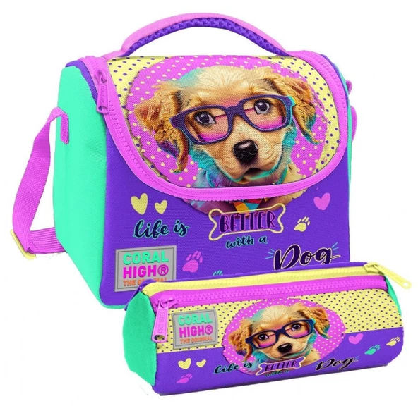 Coral High Sarı Pembe Sevimli Köpek Desenli Kız Çocuk Isı Yalıtımlı Beslenme Çantası ve Kalemlik Seti ürün görseli 1