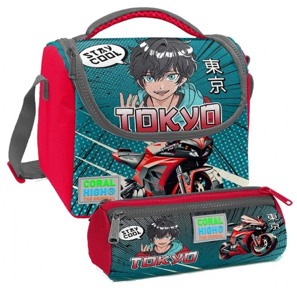 Coral High Gri Nefti Anime Motorsiklet Desenli Erkek Çocuk Isı Yalıtımlı Beslenme Çantası ve Kalemlik Seti ürün görseli 1