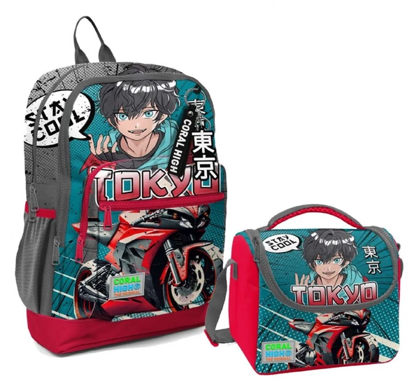 Coral High Dört Bölmeli Erkek Çocuk Okul Sırt Çantası ve Beslenme Seti - Gri Nefti Anime Motorsiklet ürün görseli 1
