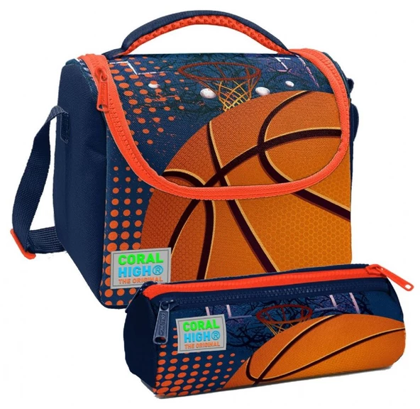 Coral High Turuncu Lacivert Basketbol Desenli Erkek Çocuk Isı Yalıtımlı Beslenme Çantası ve Kalemlik Seti ürün görseli 1