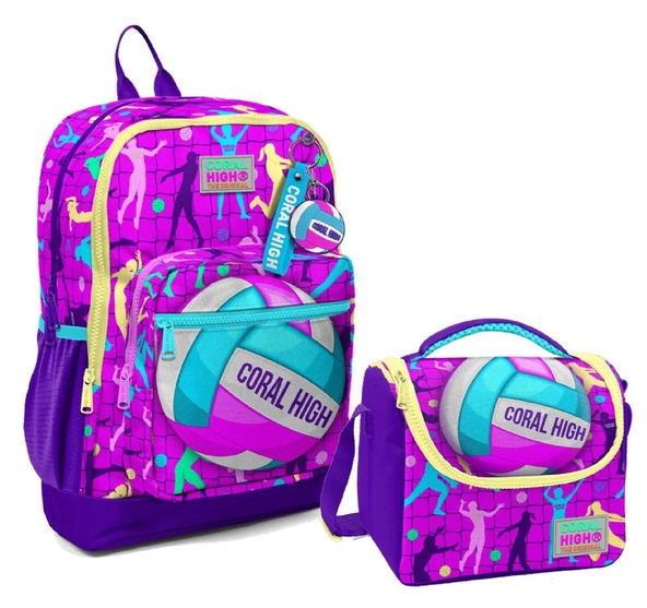 Coral High Dört Bölmeli Kız Çocuk Okul Sırt Çantası ve Beslenme Seti - Pembe Mor Voleybol ürün görseli 1