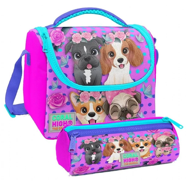 Coral High Pembe Köpek Desenli Kız Çocuk Isı Yalıtımlı Beslenme Çantası ve Kalemlik Seti ürün görseli 1