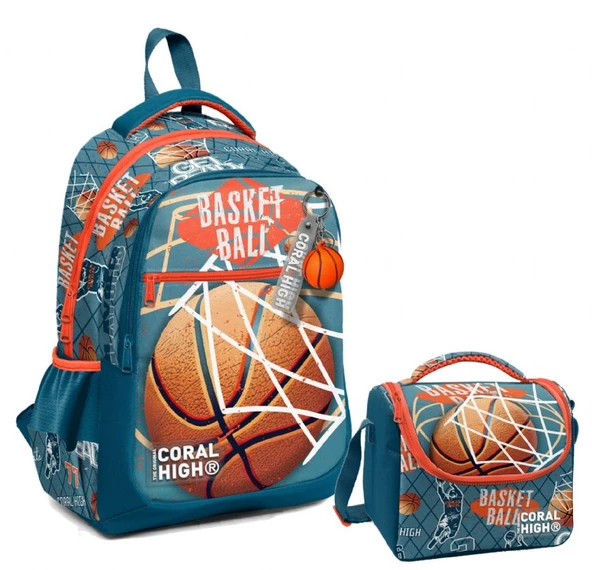 Coral High Üç Gözlü İlkokul Çantası ve Beslenme Çantası - Nefti Turuncu Basketbol Desenli - Erkek Çocuk ürün görseli 1