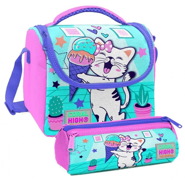 Coral High Turkuaz Pembe Dondurmalı Kedi Desenli Kız Çocuk Isı Yalıtımlı Beslenme Çantası ve Kalemlik Seti ürün görseli 1