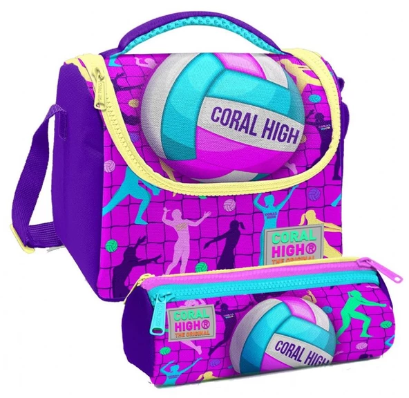 Coral High Pembe Mor Voleybol Desenli Kız Çocuk Isı Yalıtımlı Beslenme Çantası ve Kalemlik Seti ürün görseli 1