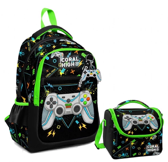 Coral High Üç Gözlü İlkokul Çantası ve Beslenme Çantası - Siyah Fosforlu Yeşil Gamer Desenli - Erkek Çocuk ürün görseli 1