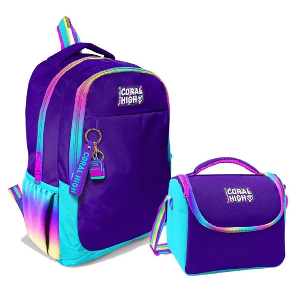 Coral High Kız Çocuk Üç Gözlü İlkokul ve Ortaokul Sırt Çantası+Beslenme - Rainbow Fermuarlı Mor ürün görseli 1