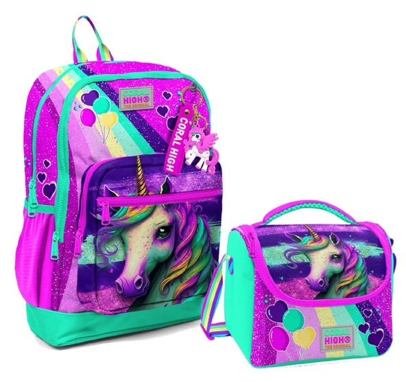 Coral High Dört Bölmeli Kız Çocuk Okul Sırt Çantası ve Beslenme Seti - Pembe Su Yeşili Unicorn ürün görseli 1