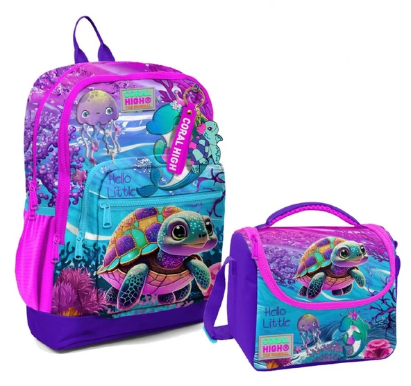 Coral High Dört Bölmeli Kız Çocuk Okul Sırt Çantası ve Beslenme Seti - Pembe Mor Kaplumbağa ürün görseli 1