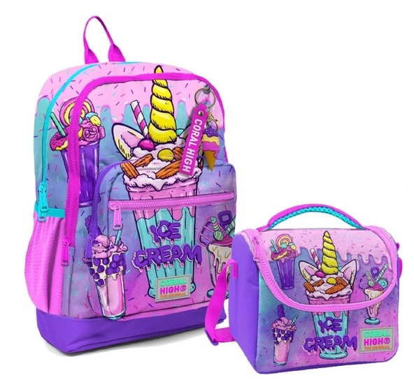 Coral High Dört Bölmeli Kız Çocuk Okul Sırt Çantası ve Beslenme Seti - Pembe Mor Dondurma ürün görseli 1
