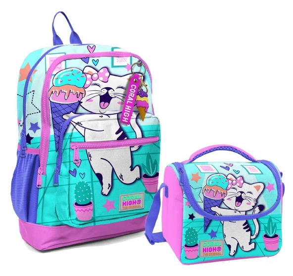Coral High Dört Bölmeli Kız Çocuk Okul Sırt Çantası ve Beslenme Seti - Turkuaz Pembe Dondurmalı Kedi ürün görseli 1