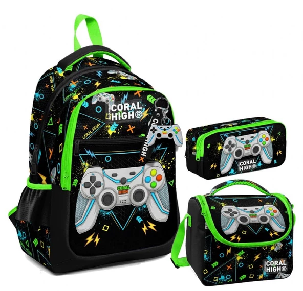 Coral High Erkek Çocuk Üç Gözlü İlkokul Çanta Seti - Siyah Fosforlu Yeşil Gamer Desenli ürün görseli 1