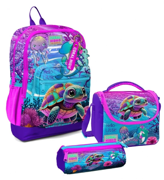 Coral High Kız Çocuk Üçlü İlkokul Okul Çanta Seti - Pembe Mor Kaplumbağa ürün görseli 1