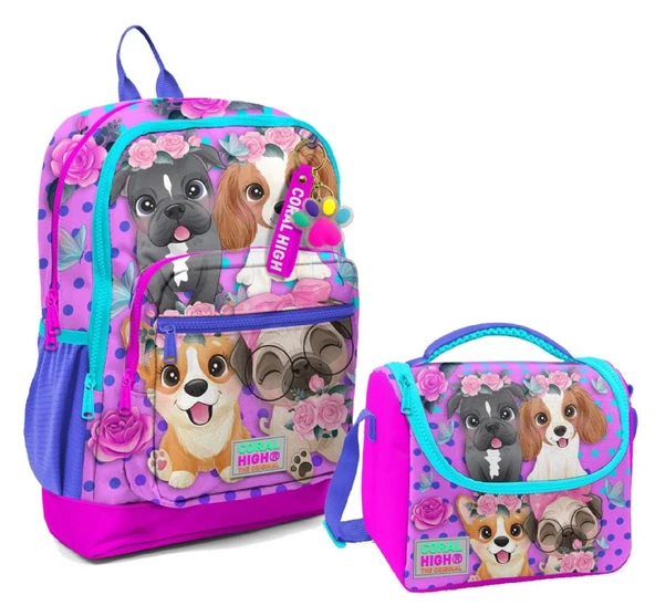 Coral High Dört Bölmeli Kız Çocuk Okul Sırt Çantası ve Beslenme Seti - Pembe Köpek ürün görseli 1