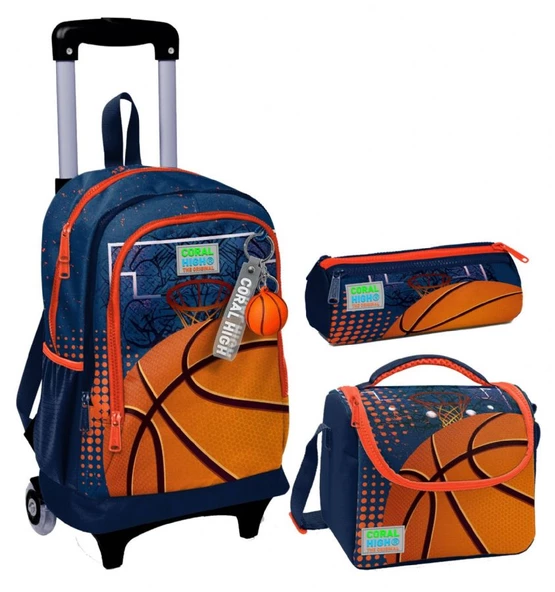 Coral High Turuncu Lacivert Basketbol Üçlü Çekçek Işıklı Tekerlekli Çanta Seti - Erkek Çocuk ürün görseli 1