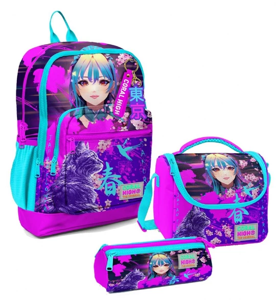 Coral High Kız Çocuk Üçlü İlkokul Okul Çanta Seti - Mor Pembe Anime Kedi ürün görseli 1