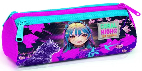 Coral High Mor Pembe Anime Kedi Üç Bölmeli Kalem Çantası - Kız Çocuk ürün görseli 1