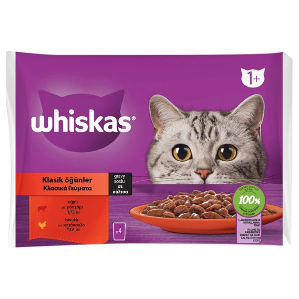 Whiskas Sığırlı Tavuklu Gravy Yetişkin Kedi Yaş Mama 4x85 Gr ürün görseli 1