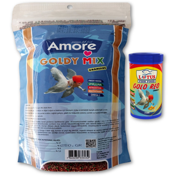 Amore Goldy Mix %37 High Protein 250 gr Granül Japon Yemi Refill Pack ve 100 ml Lotus Gold Red Balık Yemi ürün görseli 1
