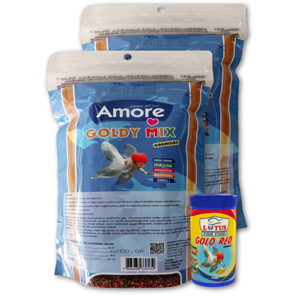 Amore Goldy Mix Granules 2 x 250 gr Yüksek Protein Japon Balığı Yemi ve 100 ml Lotus Gold Red ürün görseli 1