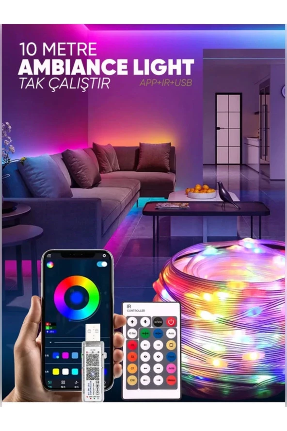 10 Metre Yeni Nesil Sese Duyarlı Kumandalı Bluetooth ile Telefondan Kontrol edilebilir Smart Led ürün görseli 1