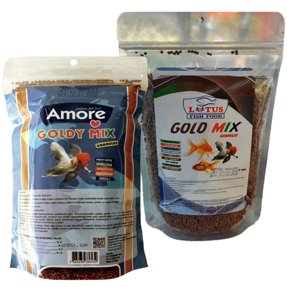 Amore Goldy Mix %37 Yüksek Protein 250 gr Granül Japon Yemi ve 250 gr Lotus Gold Mix ZipPack Poşet ürün görseli 1
