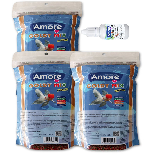 Amore Goldy Mix 3 x 250 gr Granül Japon Balık Yemi, 30cc Multivitamin ürün görseli 1