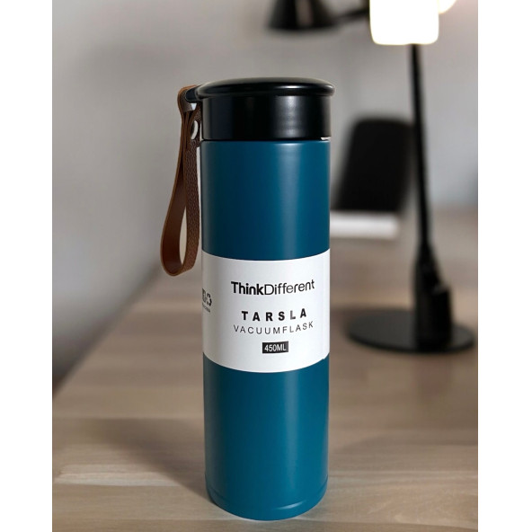 MODERN ÇİFT VAKUM YALITIMLI YANDAN DERİ TUTACAKLI SICAK/SOĞUK 450 ML GÜNLÜK, HEDİYELİK TERMOS ürün görseli 1