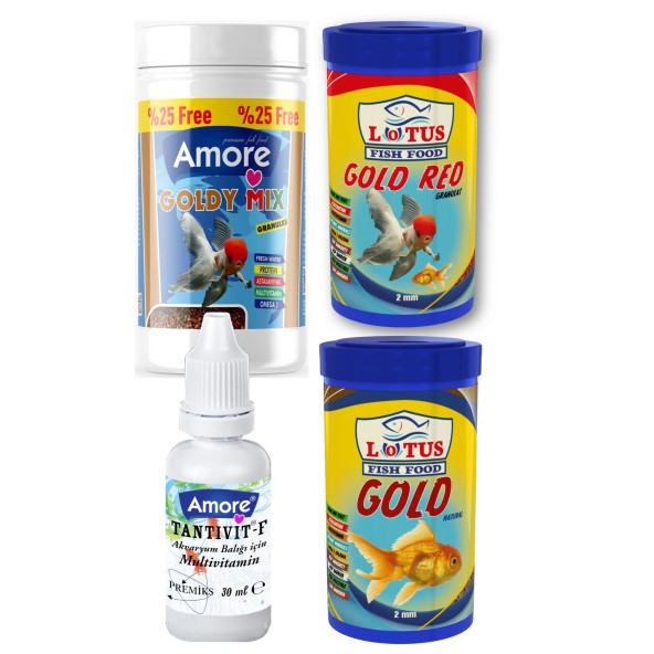 Amore Goldy Mix Granules 125 ml, Lotus Gold Red ve Natural 250 ml Japon Balığı Yemi, Vitamin Seti ürün görseli 1